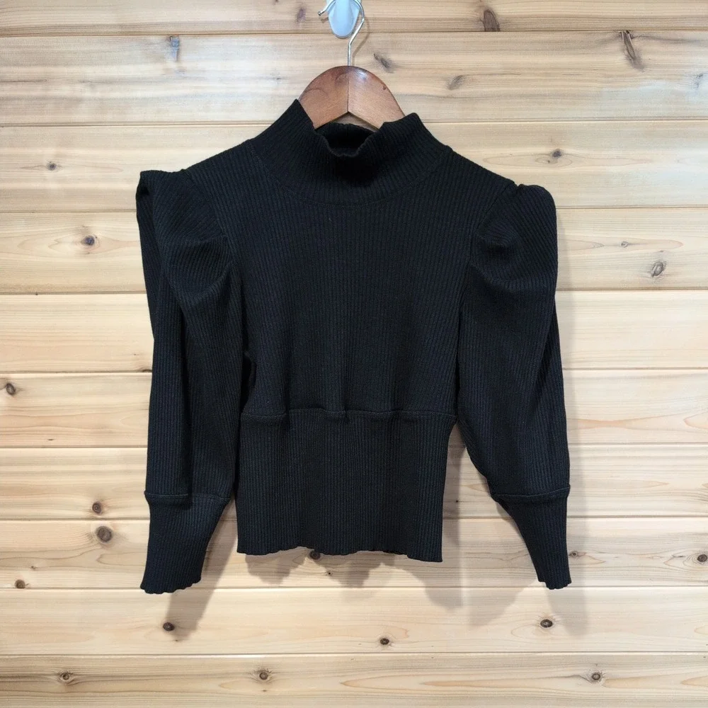 Free People Black Ribbed Mock Neck Puff Sleeve Top OB1110527 Size M